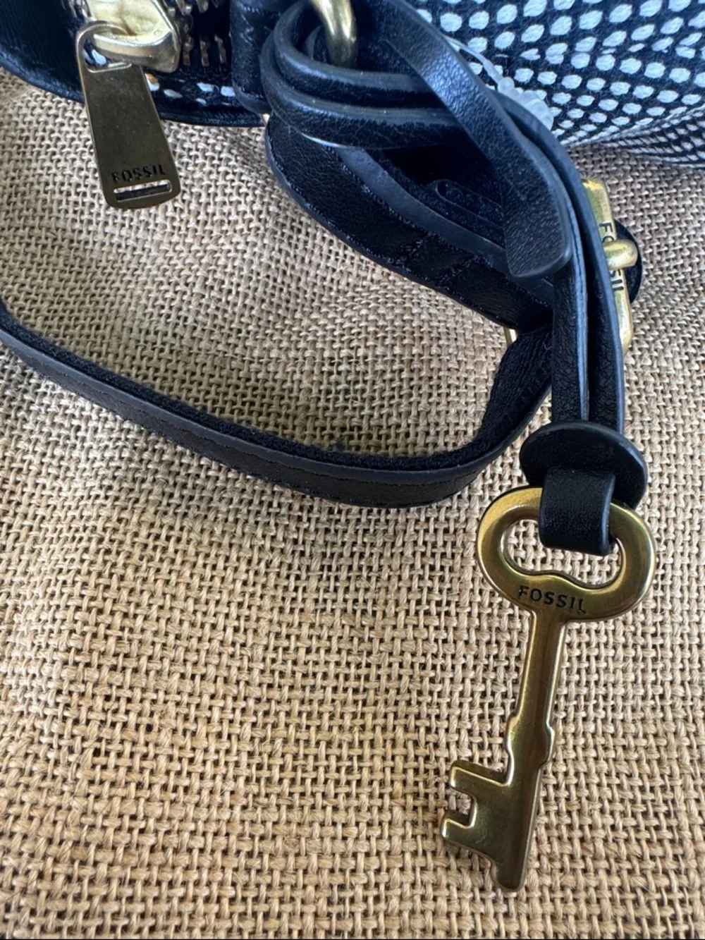 Fossil Black Leather Crossbody with Black & White Pattern NWOT